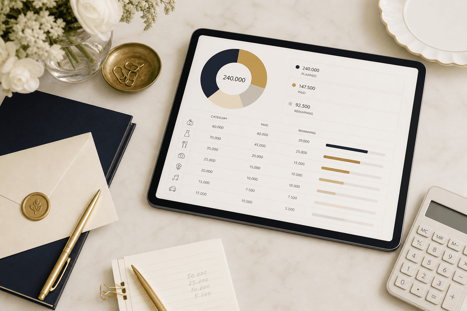 Tablet üzerinde düğün bütçesi dağılımını gösteren planlama ekranı